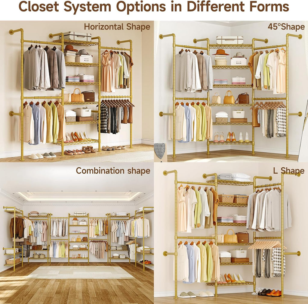 H3 Expandable Wall Mounted Closet System, 5.4FT-8.1FT Closet Organizer with 4 Telescopic Rods & 6 Wire Shelves