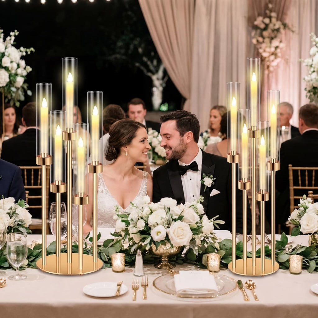 8 Set Gold Candelabra Centerpieces for Tables, 26.8 Inch 5 Arm Candle Holders with LED Candles and Acrylic Cylinders