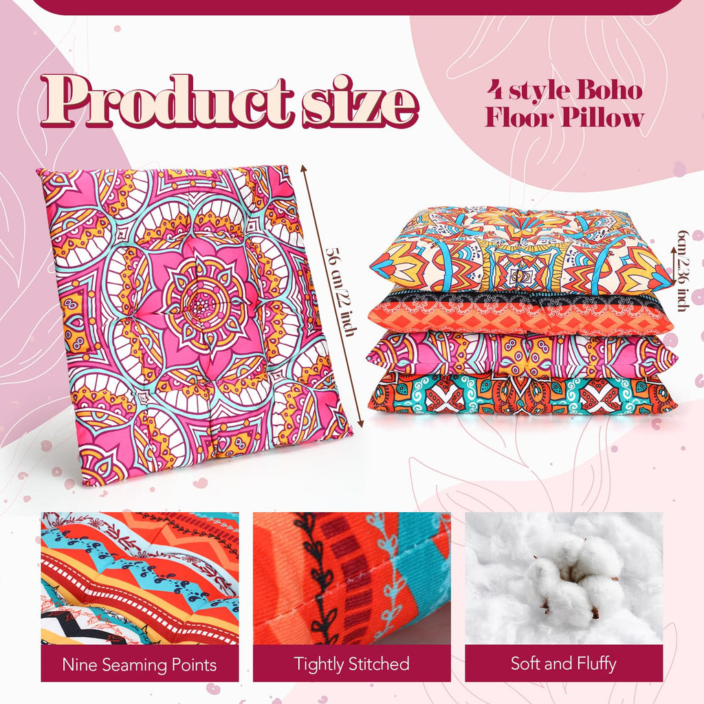 4 Pack 22 Inch Large Boho Floor Pillows Cushions Square