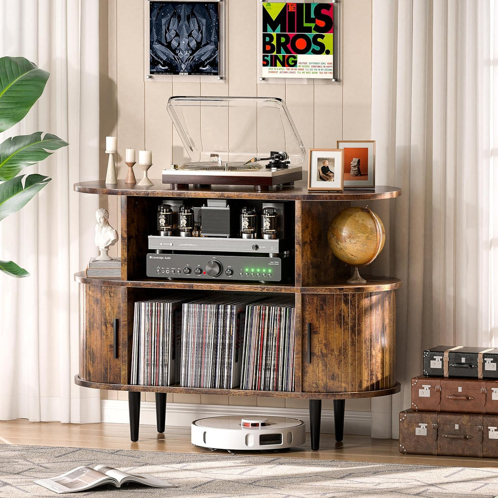 Large Record Player Stand with Storage and Shelves, Brown