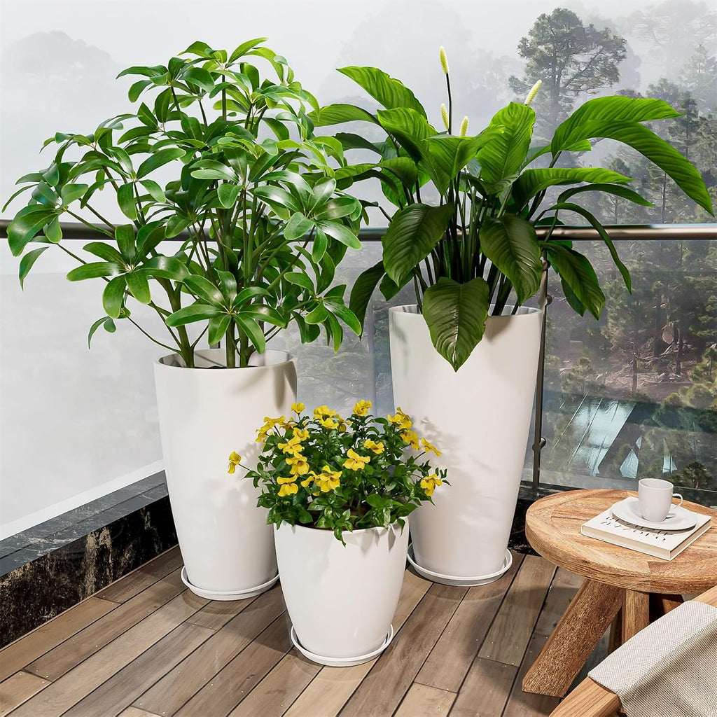 24,21,11 inch Large Planters with Drainage Hole & Saucer, Set of 3 Plant Pots Tall Planter for Indoor & Outdoor