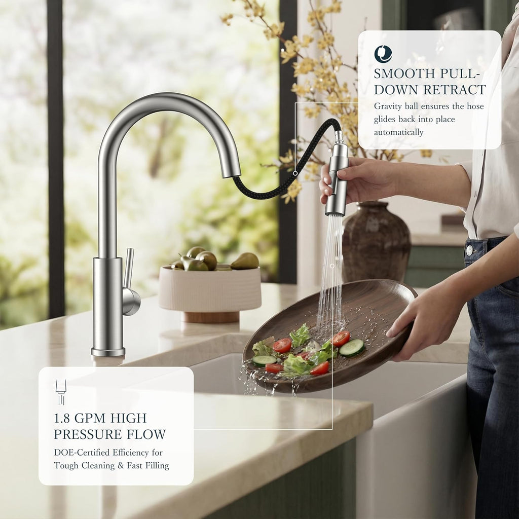 Kitchen Faucets with Pull Down Sprayer, Brushed Nickel Classic Single Handle Stainless Steel High Arc Faucet for Kitchen Sink, 1 Hole with Deck Plate Sink Faucet for Bar RV Farmhouse Laundry