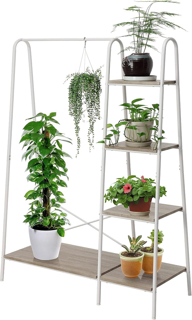 Metal Clothes Closet Rack, Clothing Rack for Hanging Clothes White Heavy Duty Garment Rack with 5 Wood Shelves