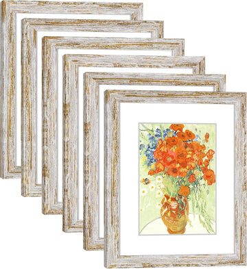 Rustic Distressed Retro Style White Frame 8x10 Picture Frame Set of 6 with Real Glass for Pictures 5x7 with Mat or