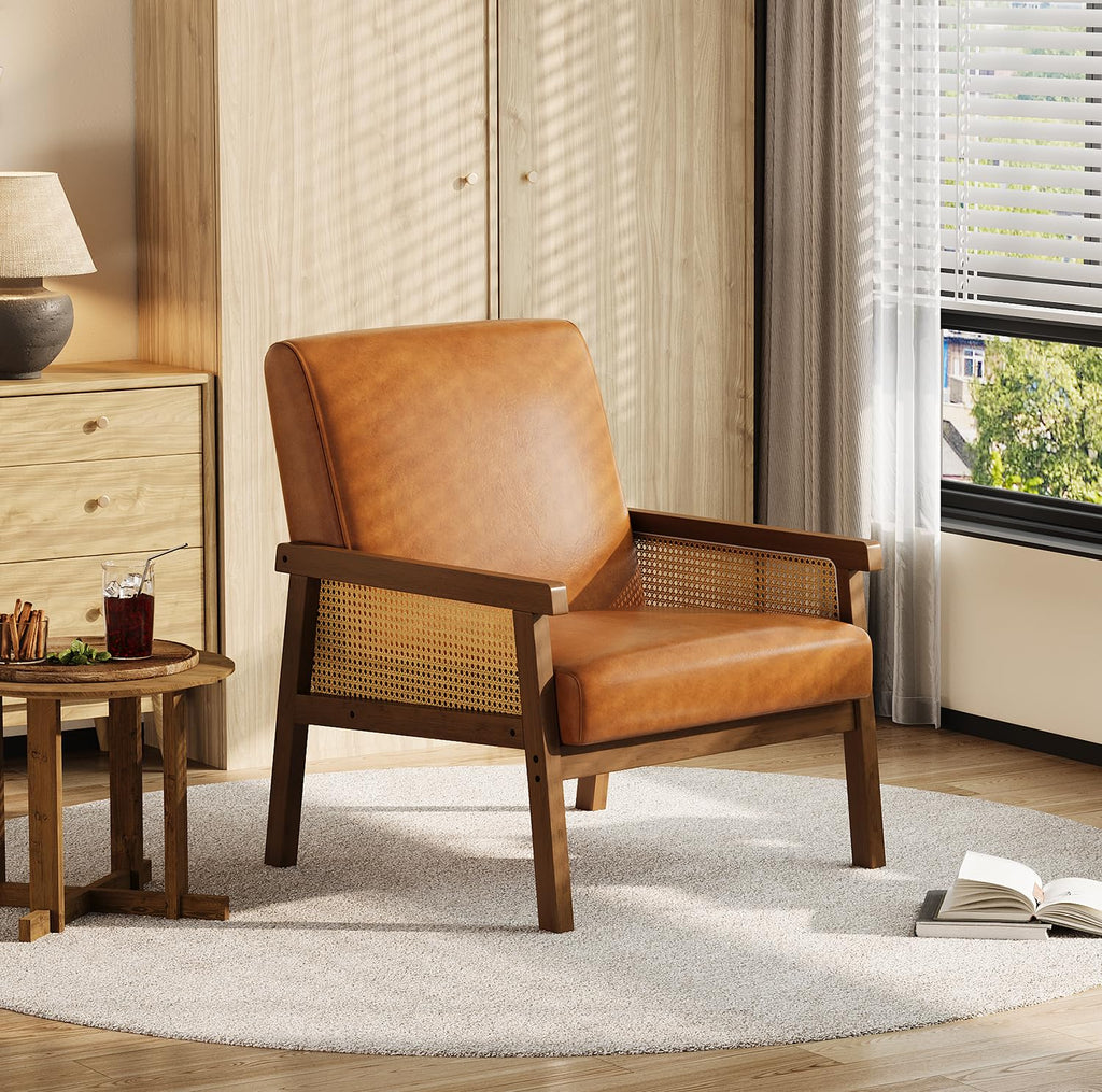 Rattan Accent Chair with Wooden Frame and High Back, Brown