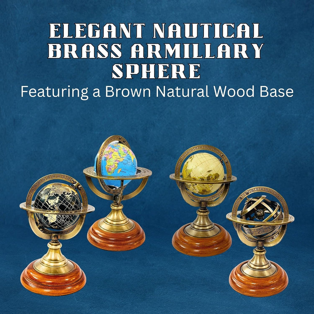5.10" Nautical Brass Armillary Sphere World Globe with Light Lime Green Map, Natural Brown Wooden Base - Elegant