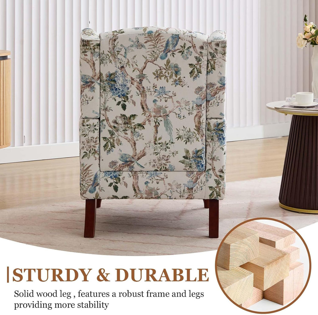 Wingback Chair with Arms (Floral Bird, A) | Floral Accent Chair|Occasional Side Chair with Tall Back|Ticken Seat
