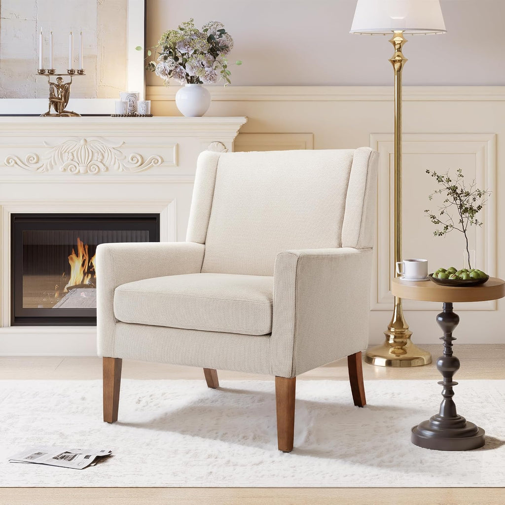 Living Room Chair, Wingback Mid-Century Accent Chair - Comfy Single Sofa with Solid Wood Legs & Velvet-Like Fabric