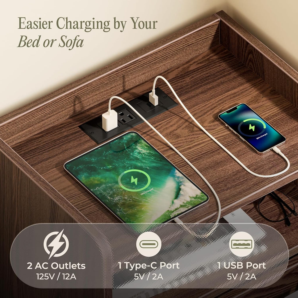 Nightstand with Charging Station, USB-C Port, Fluted Night Stand Set of 2, Bed Side Table with Drawer, Solid Wood