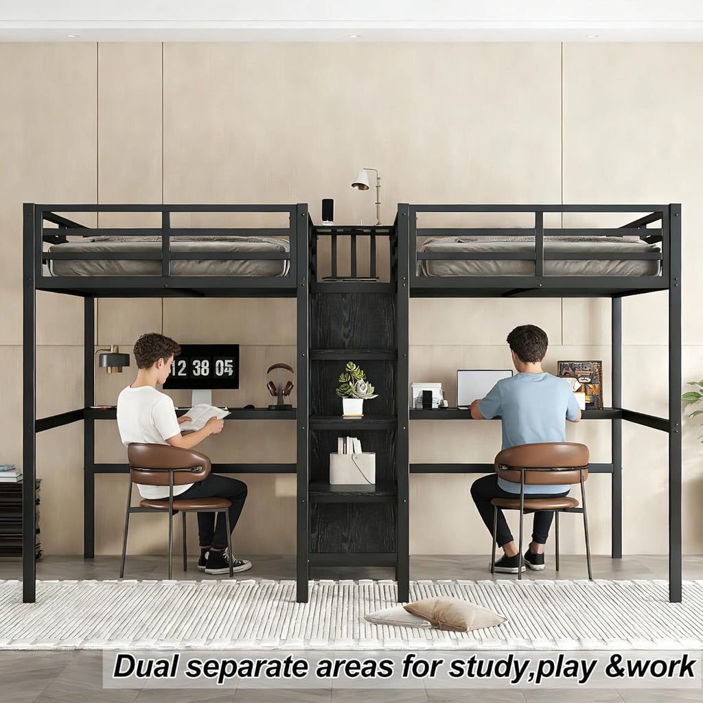 Twin Over Twin Metal Loft Bed with Desk and Wardrobe for 2 Kids,Twin Heavy Duty Double Loft Bed Frame with Charging