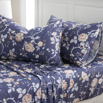 Navy Blue Floral Bed Sheets Set - King Size Percale Cotton Shabby Rustic Peony Flower Print Dark Bed Sheets - Soft