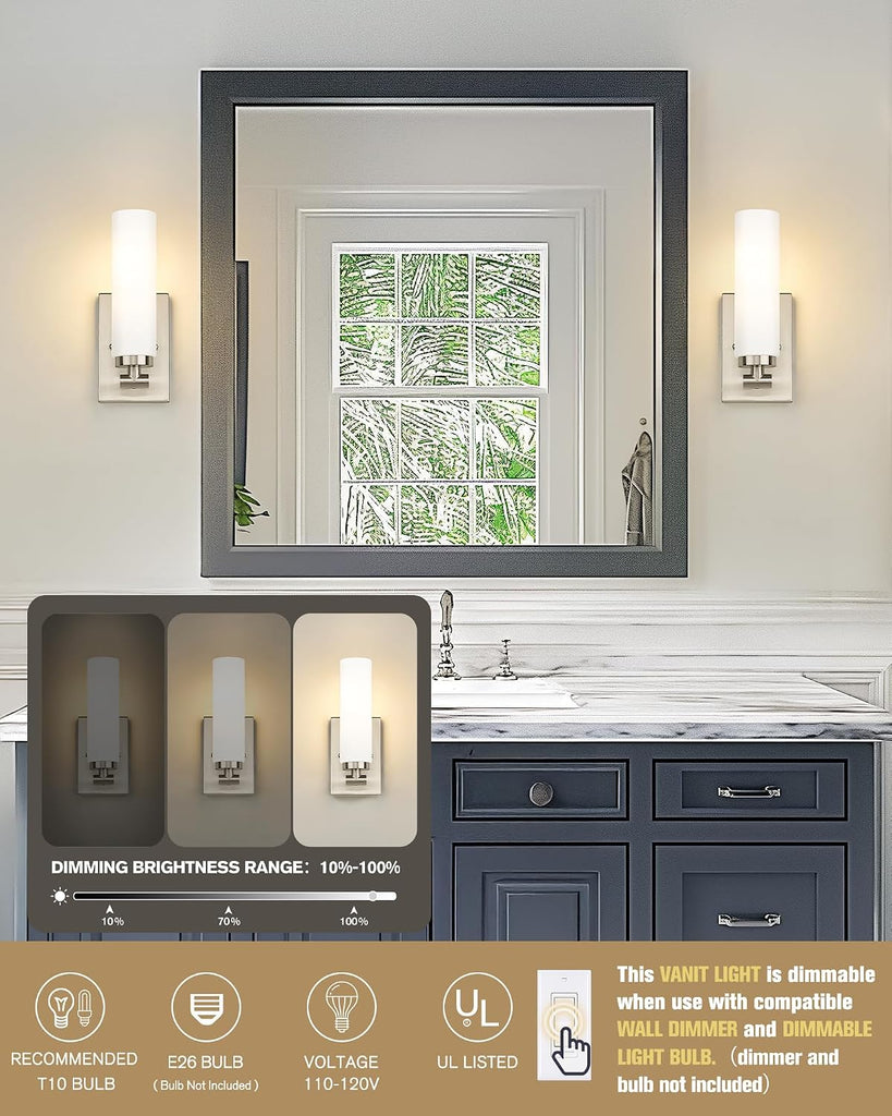 Brushed Nickel Wall Sconces, 2 Light Bathroom Light Fixtures with Milk Glass Shade, Modern Wall Lights , Mirror