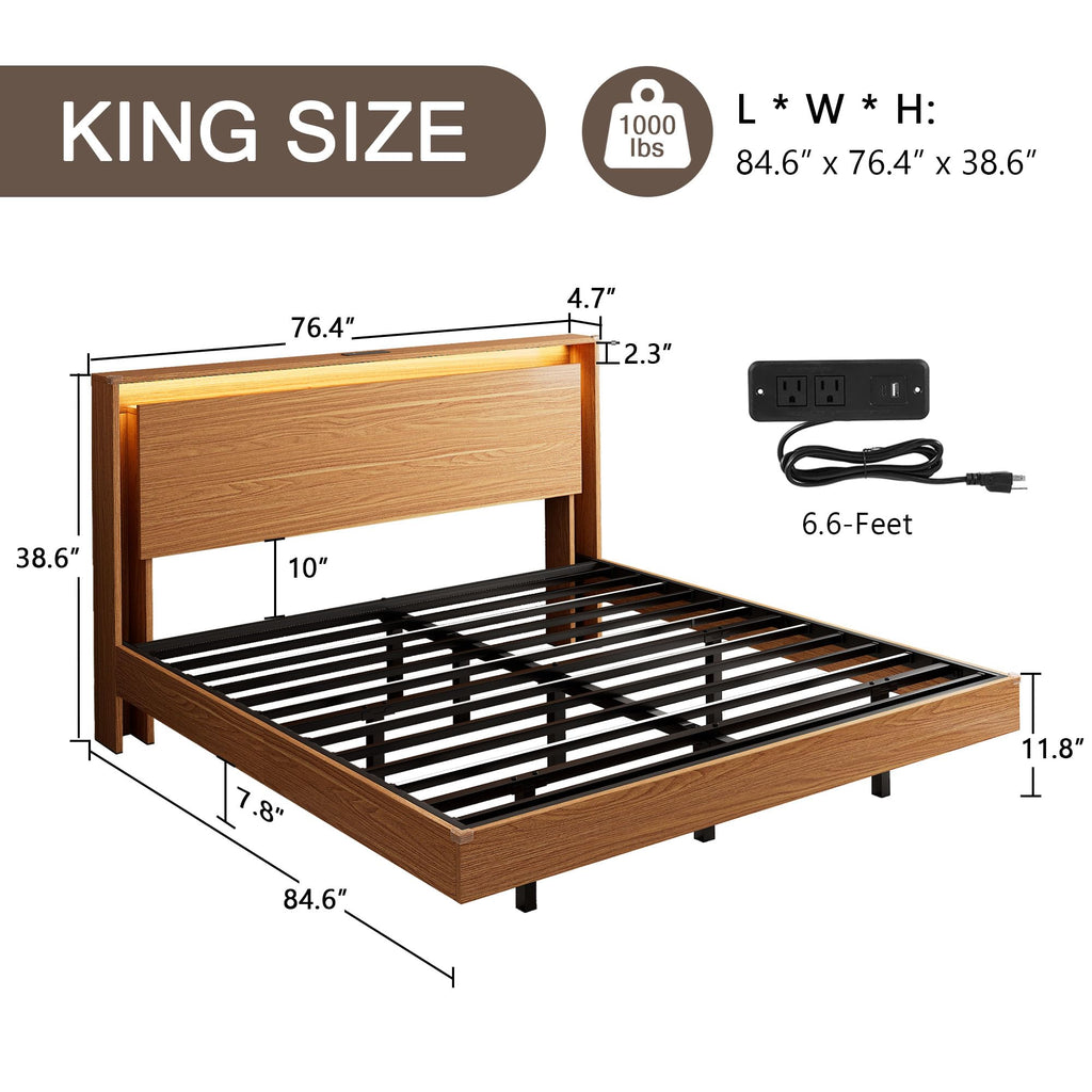 King Size Bed Frame with LED Lights & Charging Station - Wood Floating Bed Frame with Storage Headboard, Adhesive
