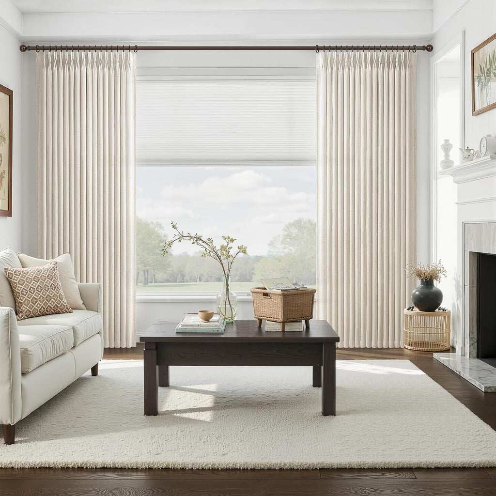 Pinch Pleated Linen Viral Curtains 4 Panels Set for Living Room, Birch Memory Trained Pleat Light