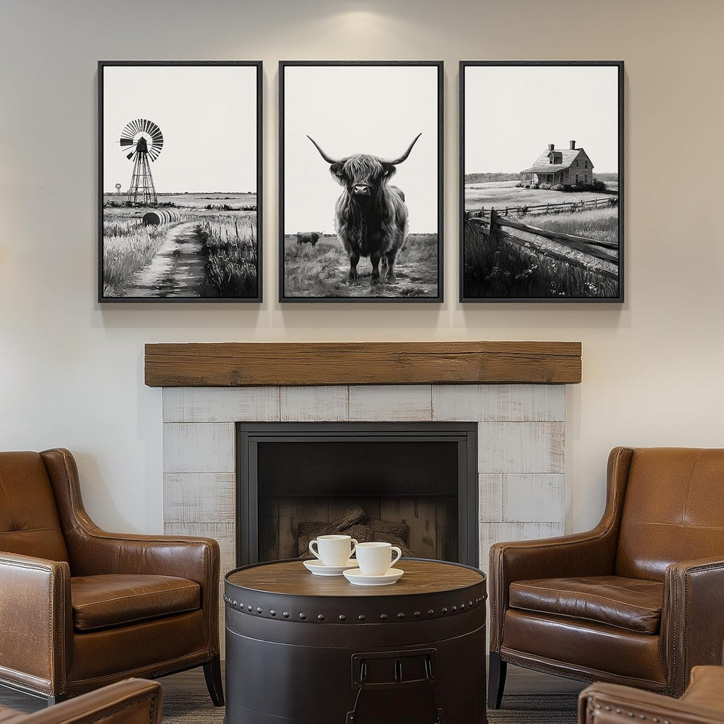 Large Framed Black and White Wall Art , Modern Highland Cow Canvas Prints Paintings Set of 3 Pieces, Contemporary