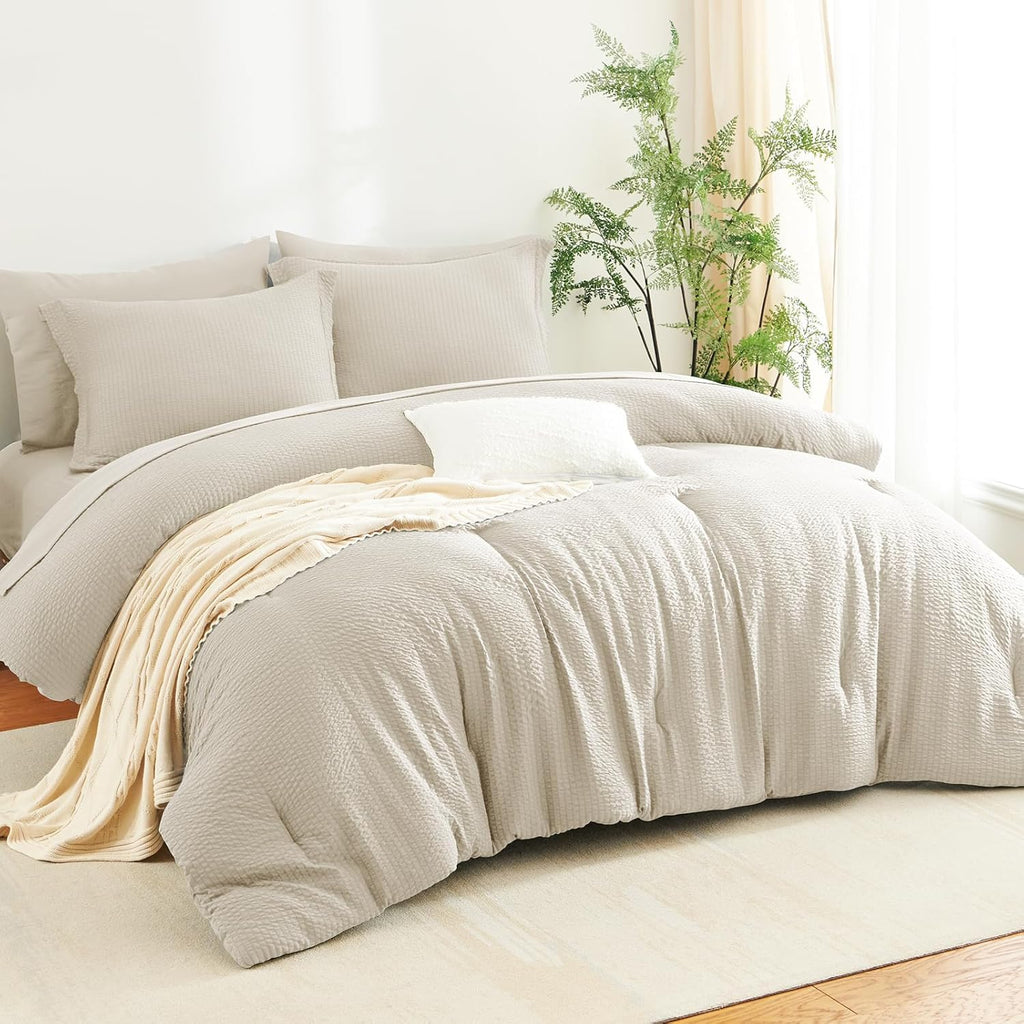 Queen Comforter Set Beige - 7 Pieces Striped Seersucker Bed in a Bag