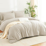 Queen Comforter Set Beige - 7 Pieces Striped Seersucker Bed in a Bag