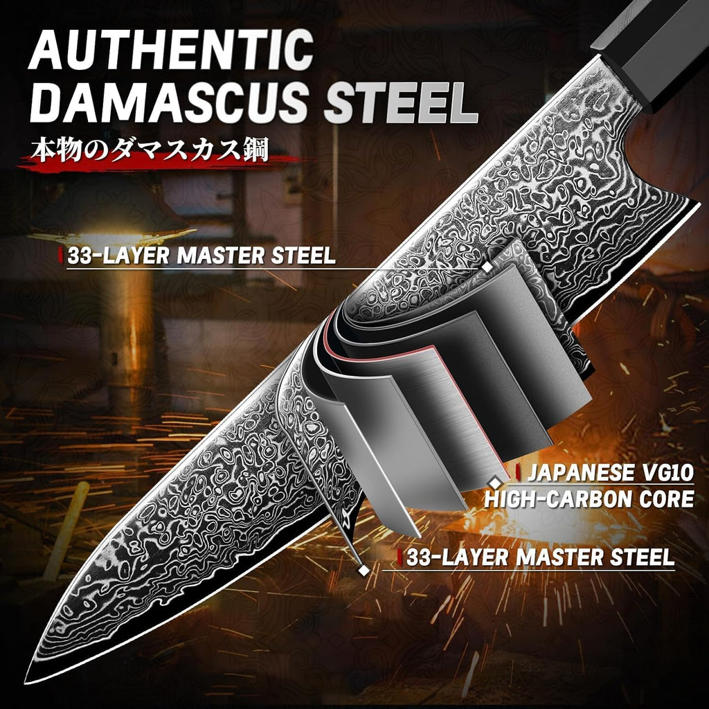 Damascus Knife Set 3 PCS - VG10 Kitchen Knife With Octagonal Handle | VG10 high-carbon steel, Japanese Artisanal