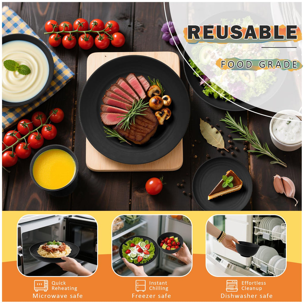 Wheat Straw Dinnerware Sets for 8, 32 PCS Unbreakable Plates and Bowls Sets, Reusable Dinnerware Set Outdoor and