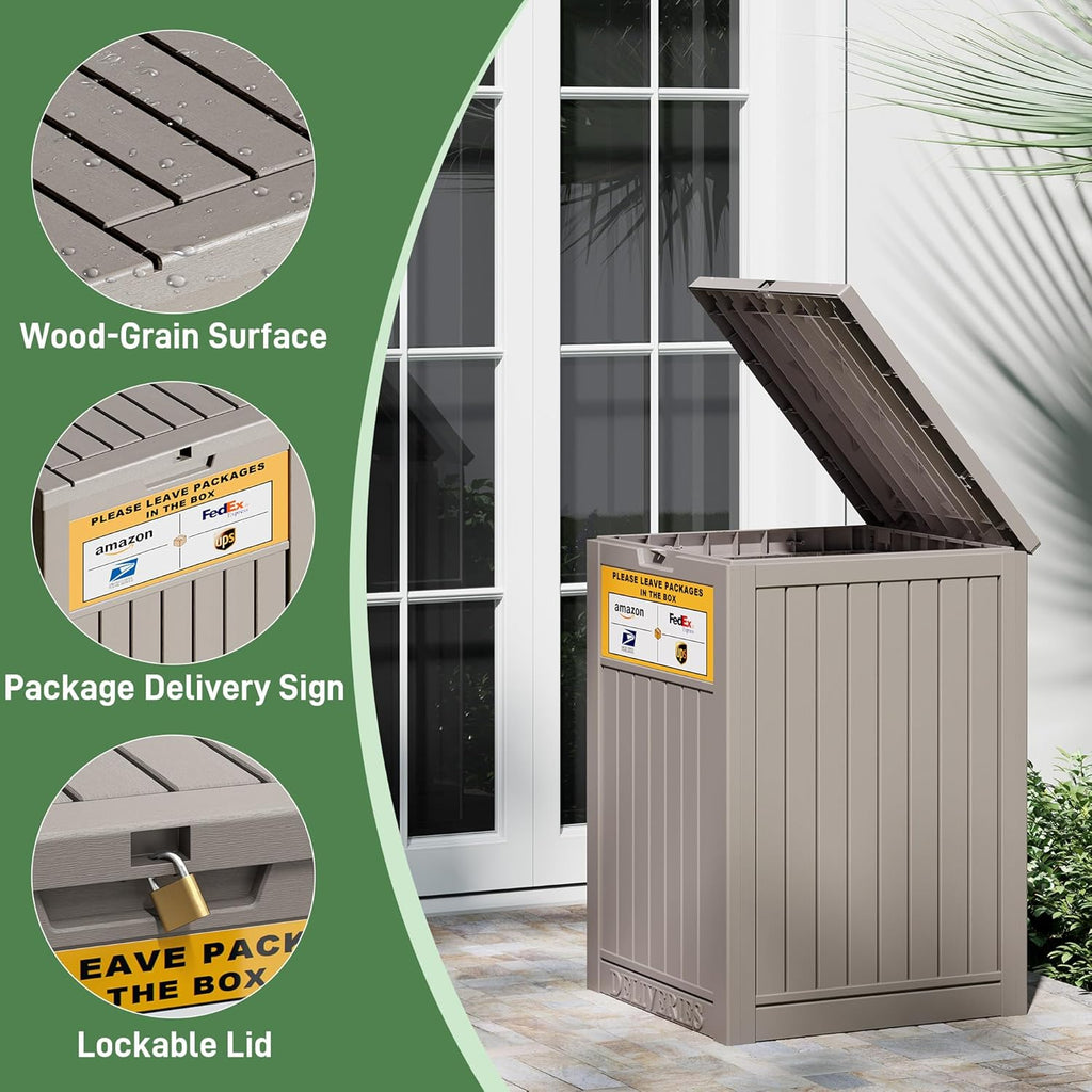 Package Delivery Box with Sign, Secure Lockable Waterproof Package Delivery Container, Resin Deck Box