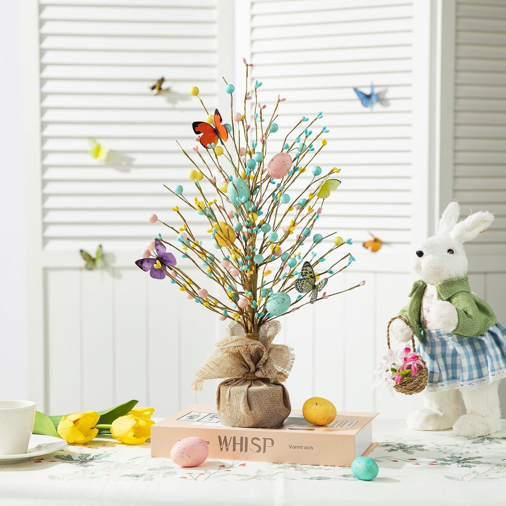 Easter Eggs Table Tree with Burlap Base Decorative Table Tree Decor for Spring Easter Party Supplies Props,18" H