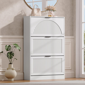Fluted Shoe Storage Cabinet, 3 Flip Drawers, White