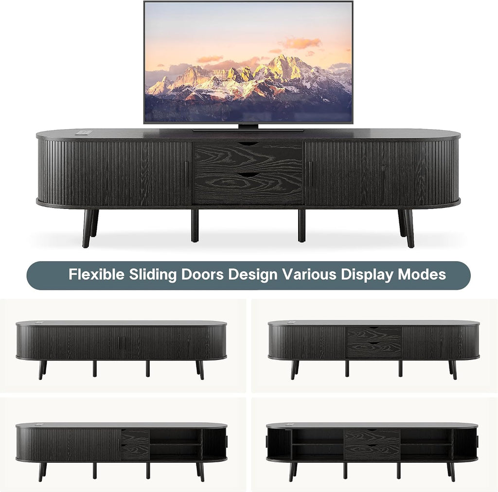 69" Mid Century Modern TV Stand with Power Outlet, Farmhouse Curved Edge TV and Media Console Table with Drawer and Shelf, Fluted Entertainment Center for Living Room, Bedroom, Black
