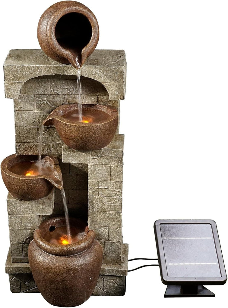 28 in. Cascading Bowls and Stacked Stones LED Outdoor Water Fountain Living Spaces to Create a Calming Oasis