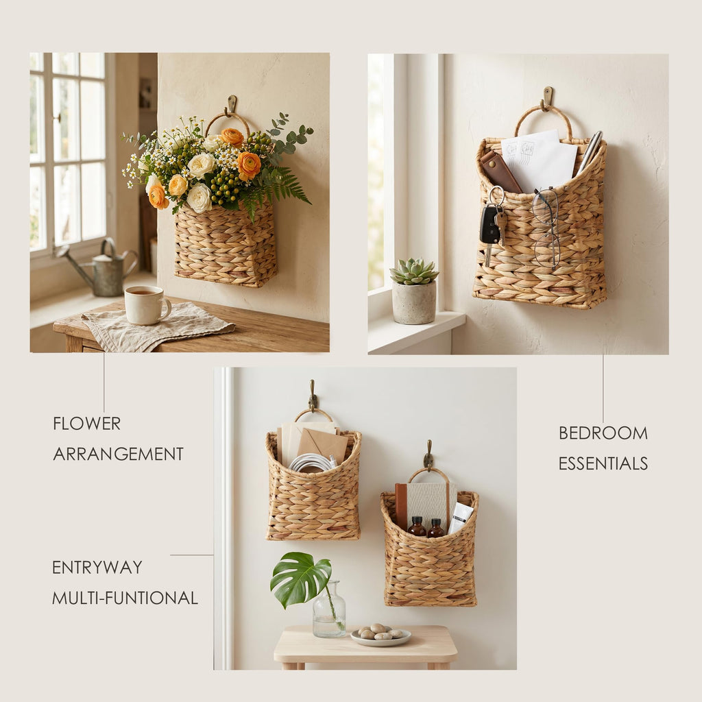Wicker Hanging Wall Basket with Handle, Natural Water Hyacinth Door Basket for Front Door, Hanging Planter &