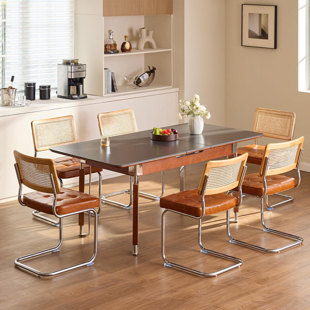 Rattan Dining Chairs Set of 2, Faux Leather Mid Century Modern Dining Room Chairs, Mesh Back Cane Kitchen Chair