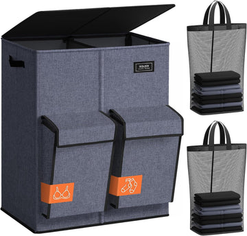 180L Double Laundry Hamper with Lid and 2 Side Pockets, Dual Hamper | 2 Section Laundry Basket, Removable & Washable
