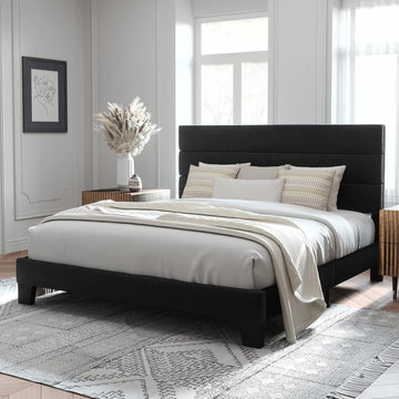 King Platform Bed Frame with Velvet Upholstered Headboard and Wooden Slats Support
