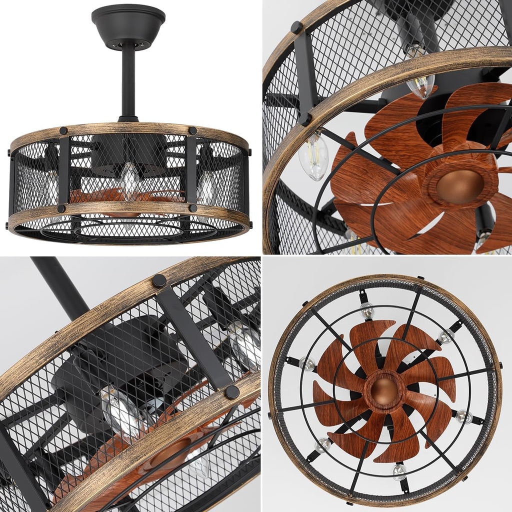 19" Farmhouse Caged Ceiling Fan with Light, 6-Lights, Rustic Ceiling Fans with Lights and Remote, Bladeless Ceiling Fan with Light for Kitchen, Living Room