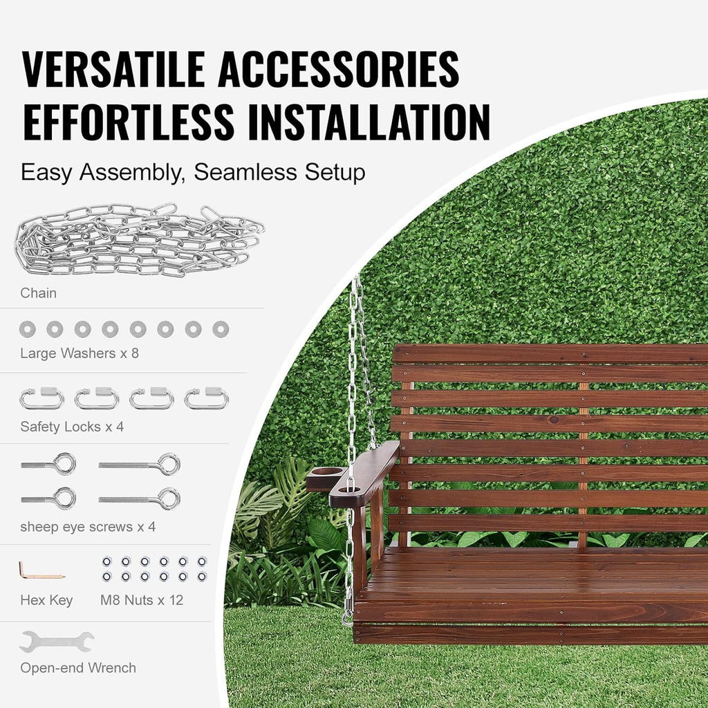 Wood Porch Swing 5.5FT, Patio Bench Swing for Courtyard & Garden, Upgraded 880 lbs Strong Load Capacity, Heavy Duty