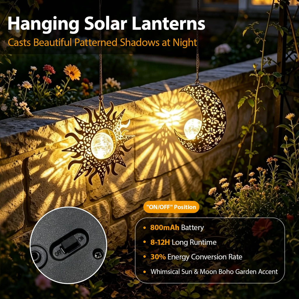 Solar Sun & Moon Lanterns Set, Hanging Decor for Garden, Gifts for Mom
