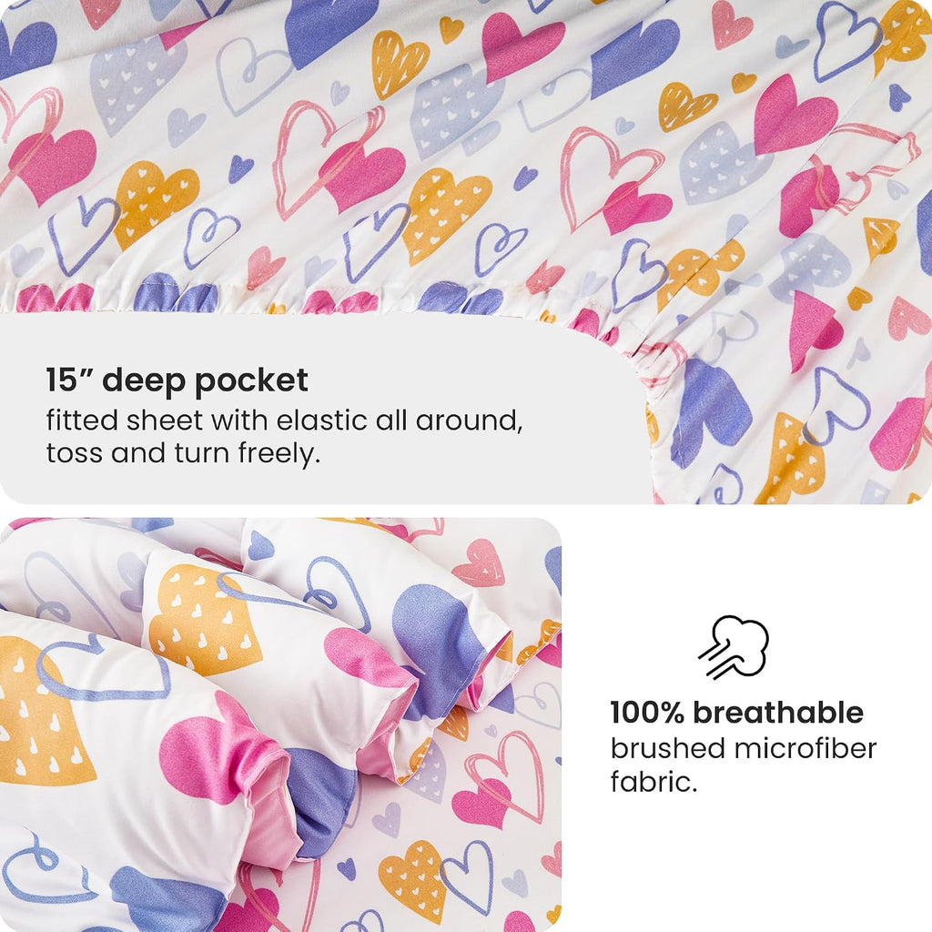 Comforter Sets for Girls Kids, 8 Pieces Bed in a Bag Pink Heart Bedding Comforter Sheet Set with Shams and