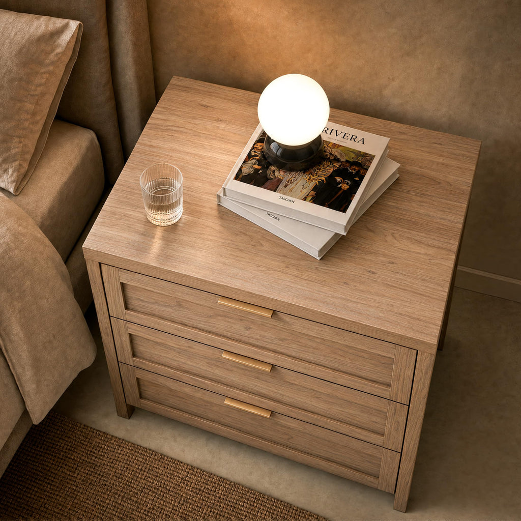 Nightstand, 3 Drawer Bedside Table, Weathered Oak