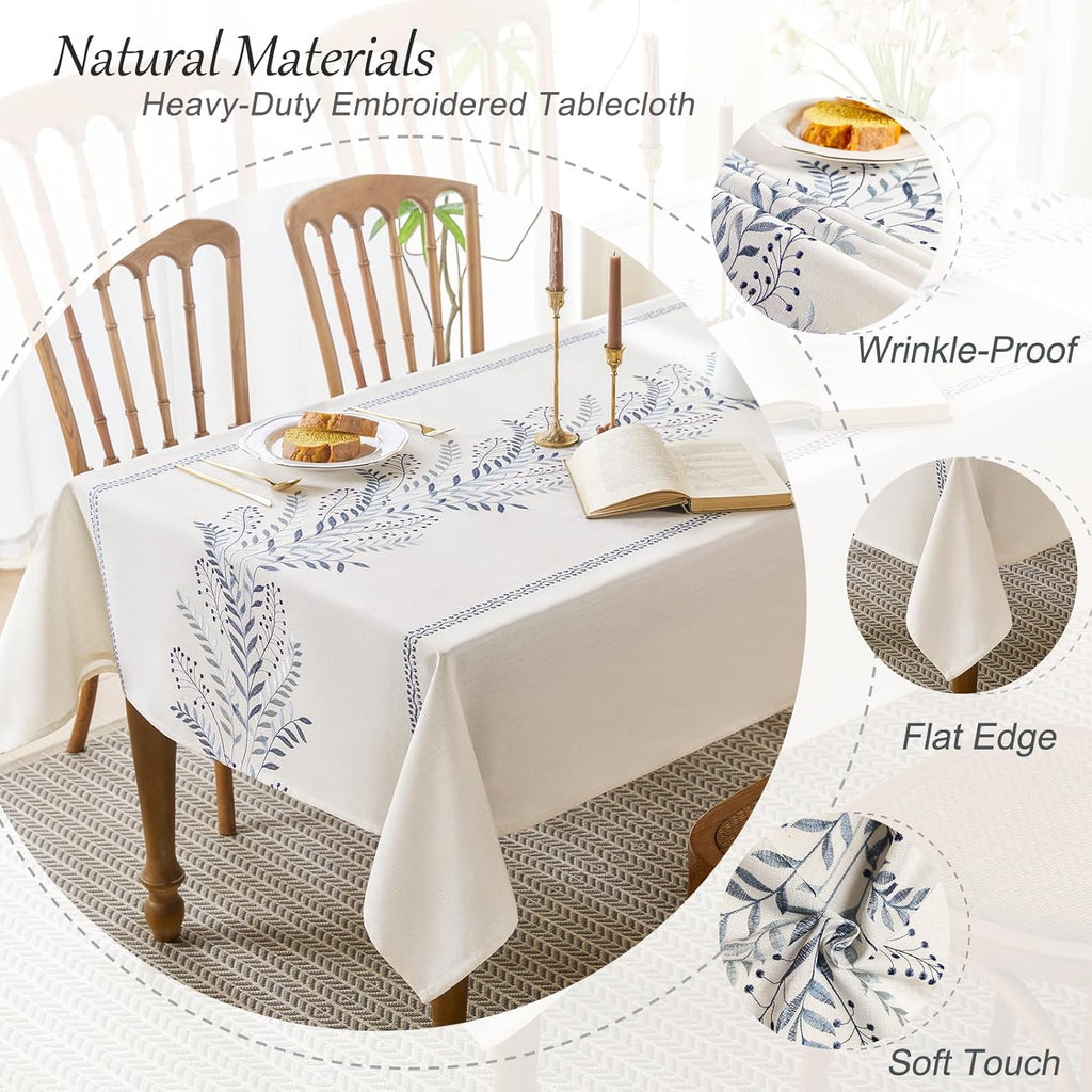 Linen Style Embroidered Tablecloth, Waterproof and Wrinkle-Resistant Table Cloth Rectangle Tables, F
