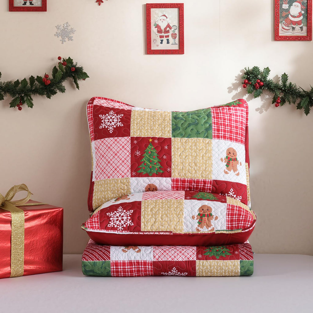 Christmas Quilt Queen Size, Gingerbread Christmas Patchwork Bedding