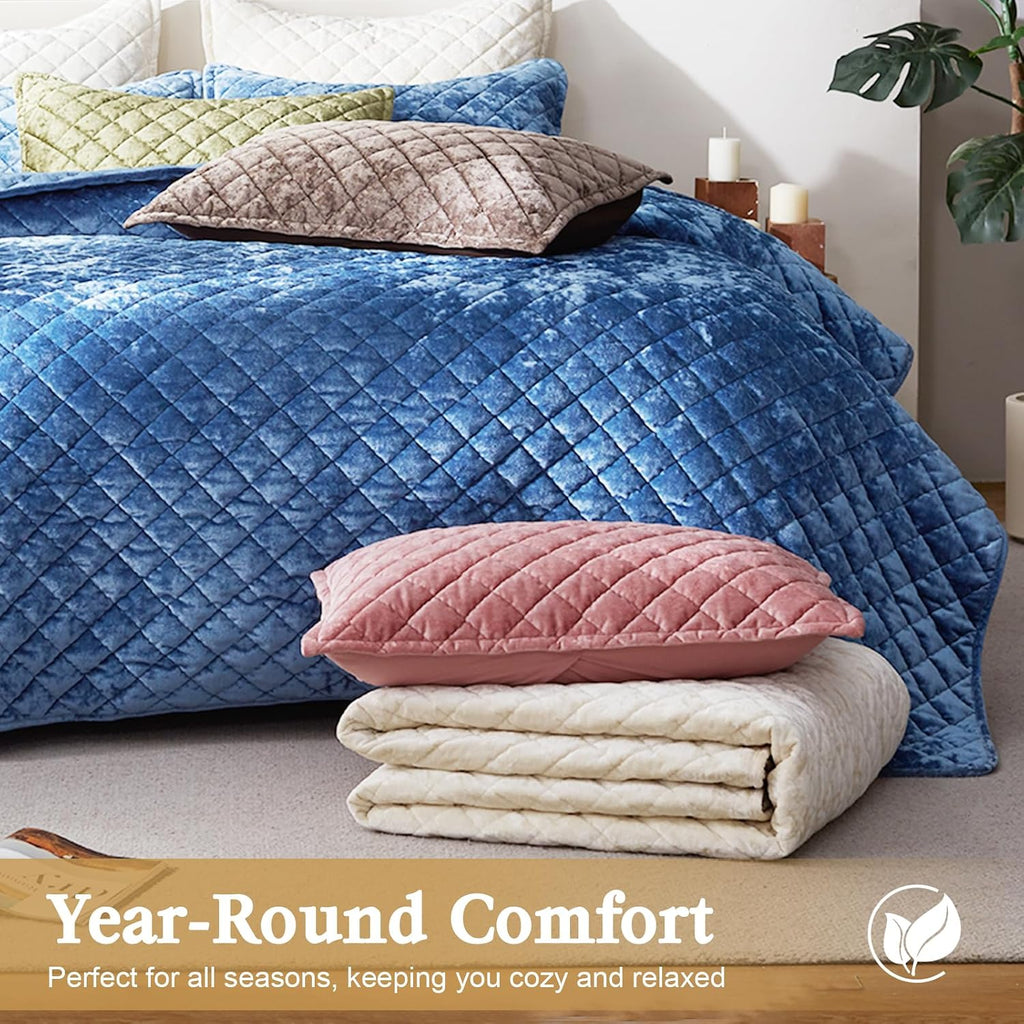 Luxury Velvet Quilt Set King, Lightweight Oversized Bedspread Coverlet Quilted Box Stitch Bedding Set, with 2