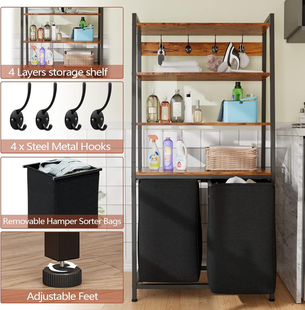 Laundry Hamper with Shelf, Tall Laundry Basket Clothes Hampers | 4 Tiers Storage Shelf and Hooks, Double Clothes
