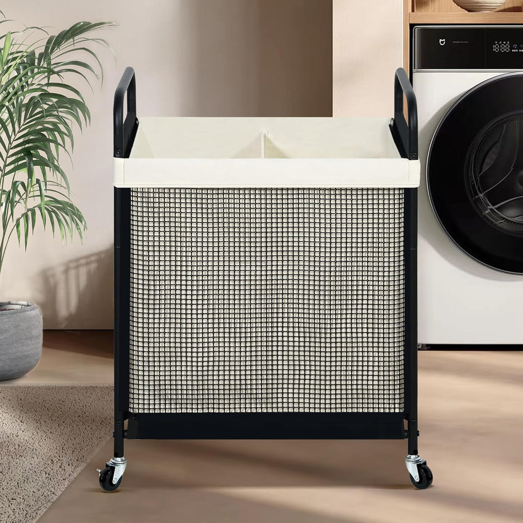 Laundry Hamper 2 Section, 100L Rolling Laundry Sorter Cart with Removable and Washable Liner Bag, Clothes Hamper with