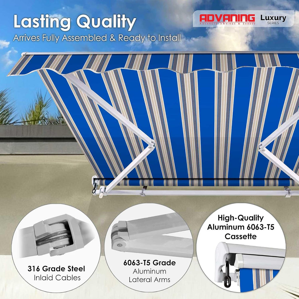 MA1210-A447H2 Luxury Series, Premium Quality Manual Retractable Patio Awning, 100% Solution Dyed European Acrylic