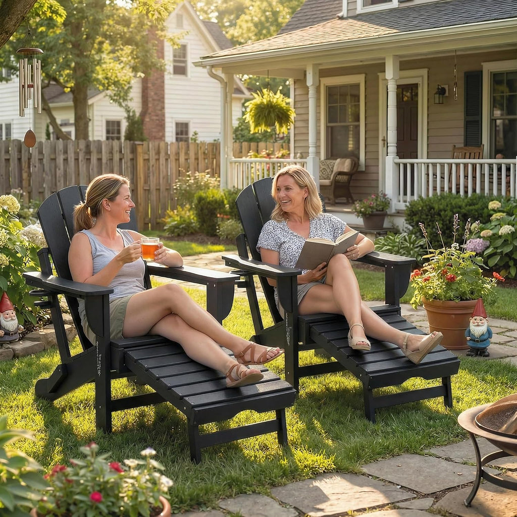 Folding Adirondack Chair Set of 2 with Retractable Ottoman Black | Outdoor HDPE Fire Pit Chair, Cup Holder, Large