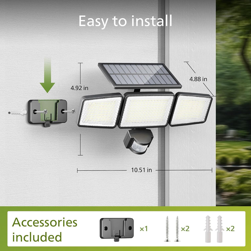 Solar Security Light Outdoor 302 LED 1200lm,Solar-Powered Waterproof Wall-Mounted Flood Light w/PIR Motion Sensor, 3