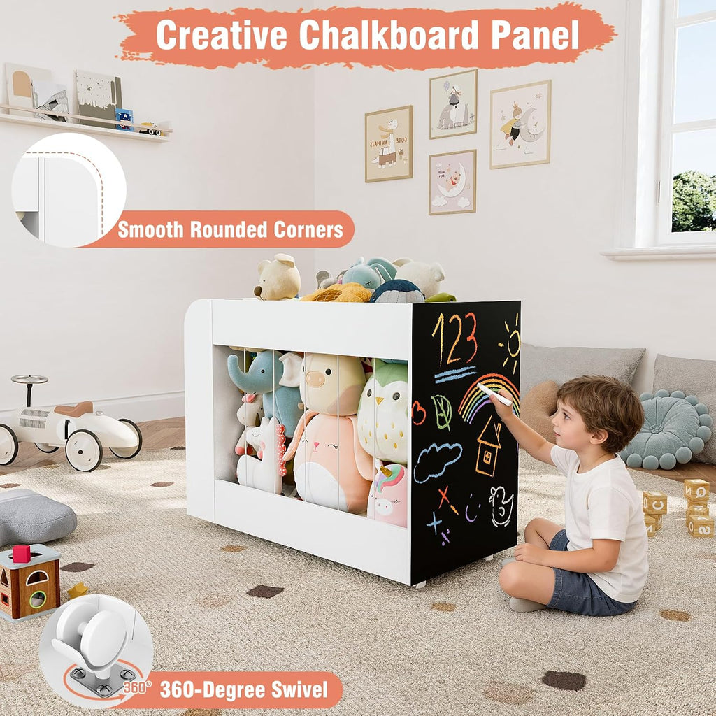 3-in-1 Toy Storage Box with Bookshelf and Chalkboard, Large Stuffed Animal Toy Chest on Wheels, Kids Toy Storage