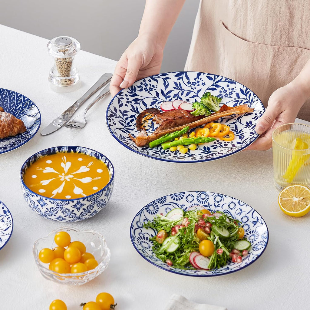SELENE Plates and Bowls Set for 4, 12 Pieces Dinnerware Sets, Mircowave and Dishwasher Safe Dishes Set