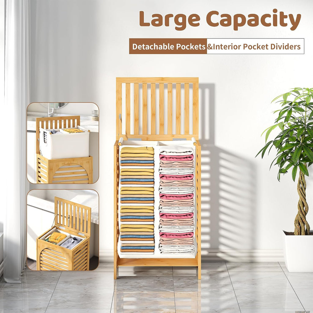 Laundry Hamper with Lid (16.9 * 13 * 26.5inches) Large Bamboo Laundry Bin Basket 85L Clothes Hamper with 1 Removable