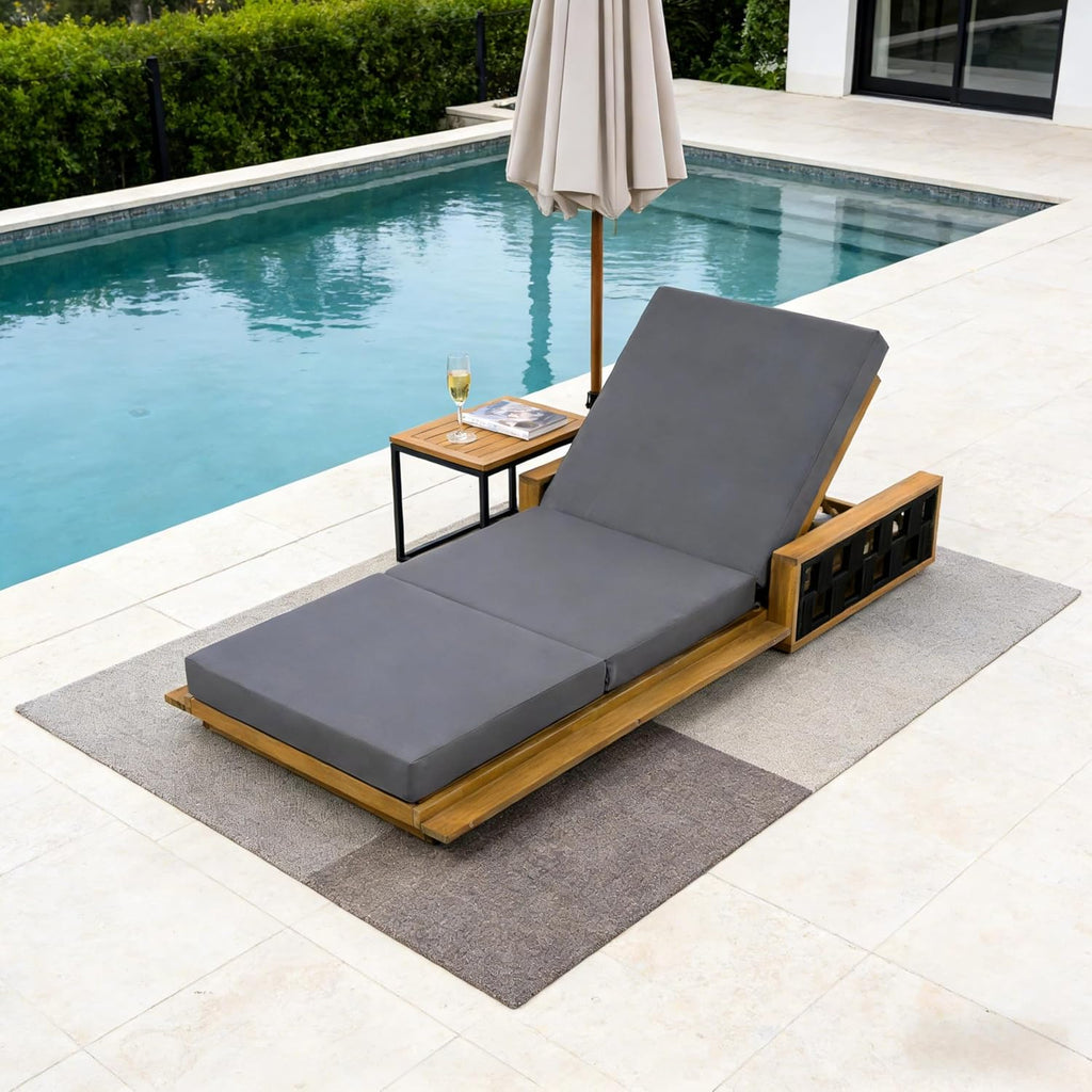 Acacia Wood Chaise Lounge Chair Outdoor Set of 2, Poolside Sun Lounger Recliner, Patio Outdoor Chaise Lounge