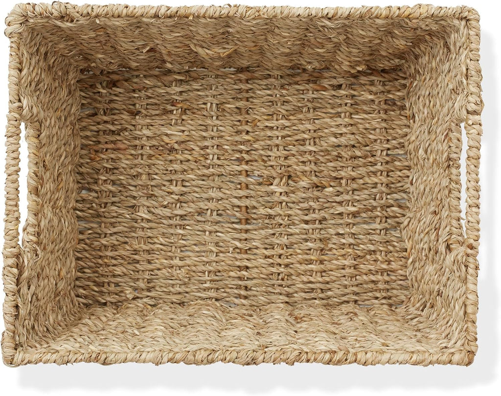 Set of 4 Seagrass Hyacinth Storage Baskets with Handles - Natural, Woven Storage Bins for Shelves, Blankets, Laundry